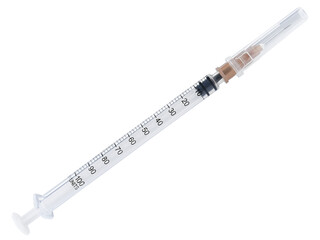 Disposable syringe for injection of insulin isolated on a transparent background. Full depth of field. PNG.