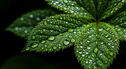 Lush green leaf close up with raindrops naturalistic macro detail