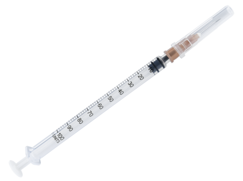 Disposable syringe for injection of insulin isolated on a transparent background. Full depth of field. PNG.