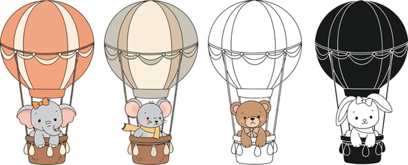 Four adorable animals in hot air balloons vector illustration for baby room decor art