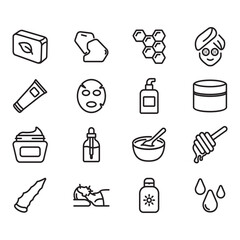 Skincare icon set. Thin line vectors. Contains icons such as facial soap, sunscreen, retinol, and more.