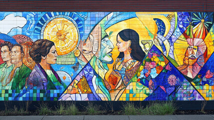 Vibrant mural of diverse figures and abstract art on wall