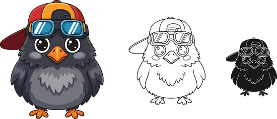 Cartoon bird wearing hat and glasses vector illustration drawing coloring page design