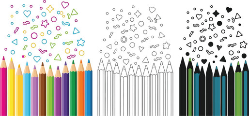 Coloring page with pencils and shapes for kids printable vector illustration art