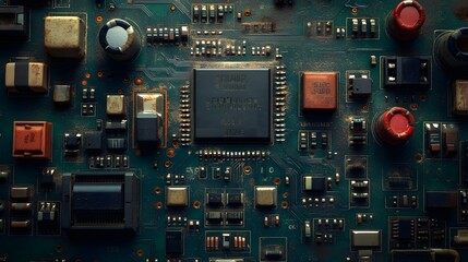 An intricate close-up shot reveals the detailed surface of a sophisticated green circuit board with a central chip and many tiny electronic components visible.