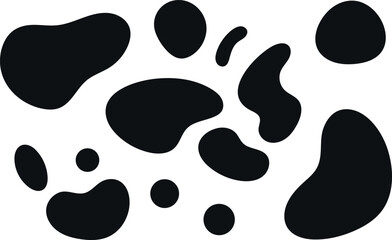 Features a dynamic arrangement of various irregular, blob-like shapes in solid black against a white background.