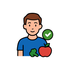 Cartoon man in blue shirt choosing healthy food, surrounded by fruits and vegetables with green approval icon