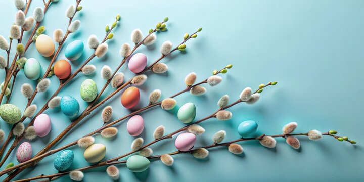 Pastel Easter Eggs and Pussy Willow Branches on a Light Blue Background
