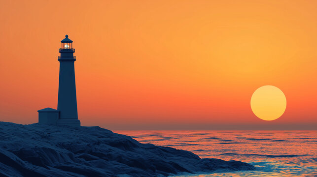 National Lighthouse Day, lighthouse silhouette at sunset against warm orange sky, calm sea, space for text.