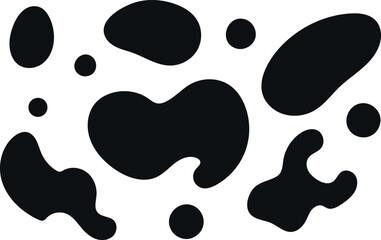 Features a dynamic arrangement of various irregular, blob-like shapes in solid black against a white background.