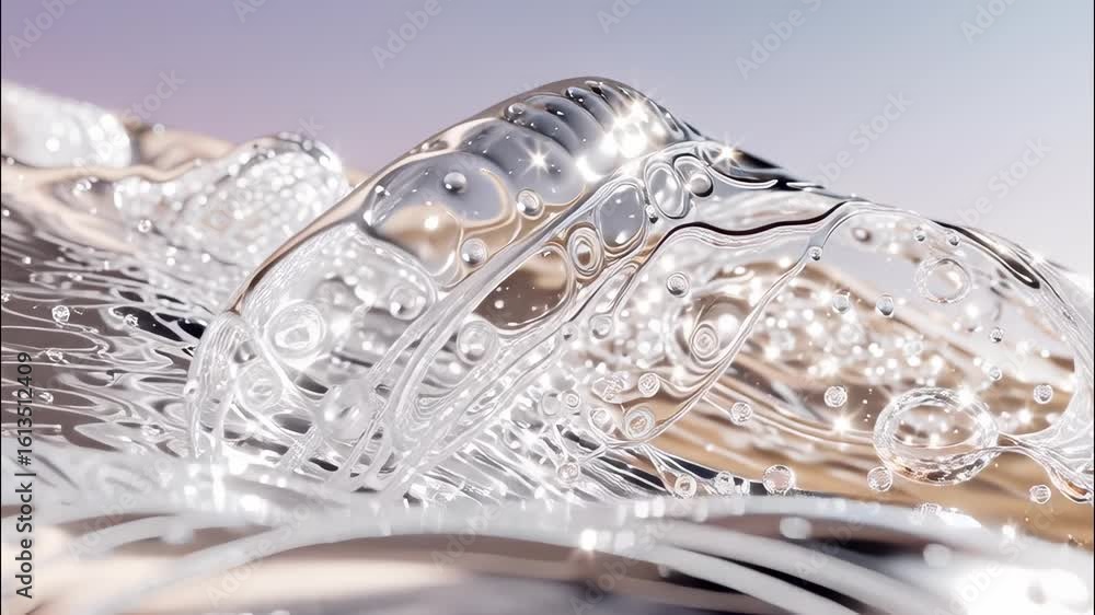 Aufkleber transparent, flowing liquid forming a wave with bubbles on a gradient background, creating a visuall