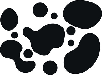 Features a dynamic arrangement of various irregular, blob-like shapes in solid black against a white background.