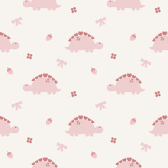 Dinosaur pink cartoon so cute. On strawberry bow flower pink background. Pattern seamless vector illustration. 