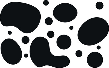Features a dynamic arrangement of various irregular, blob-like shapes in solid black against a white background.