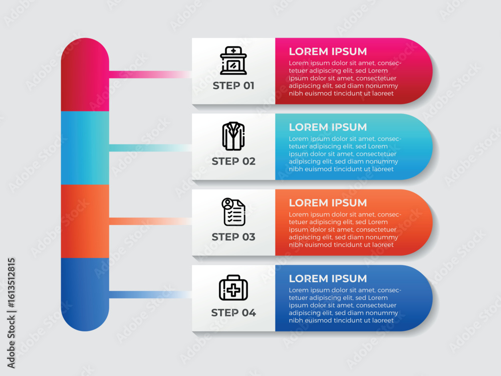 Poster a set of circle 4 steps infographic percentage diagrams in different colors, representing data visua