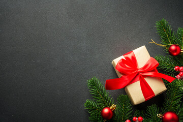 Christmas flat lay background with holiday decorations.