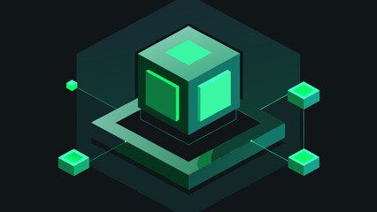 Isometric Digital Interface with Green Glowing Squares
