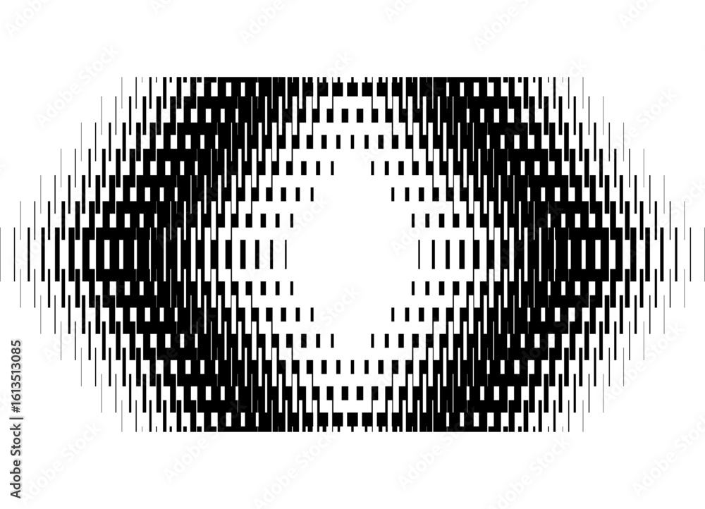 Poster optical striped pattern of black pixels on white background. dynamic design element. technological v