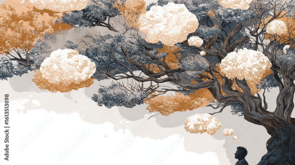 Poster growing tree branches transform into thought bubbles above a persons head in a tranquil setting evok