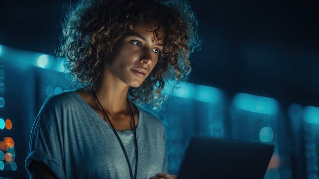 A woman with curly hair, using a laptop in a dimly lit server room, surrounded by racks of equipment