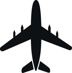 A clean, bold silhouette of a commercial jet against a white background.