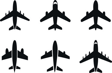 Set of black silhouette airplane icons, diverse views.