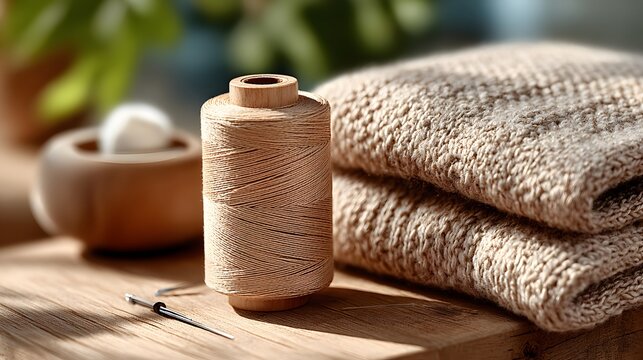 Beige yarn spool and knitted fabric on a wooden surface.