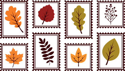 Autumn Postcard stamp Template Background Vector Illustration with Leaf, Oak, and Pumpkin Elements.
