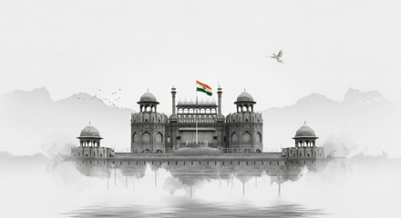 Red Fort, Delhi, India, depicted in an artistic, monochrome style. The iconic landmark is reflected in the water. The Indian flag flies proudly atop the structure