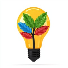 Yellow Lightbulb with Colorful Leaves A Concept of Sustainable Energy
