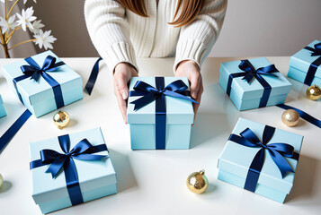 Gift boxes with ribbons arranged on a festive table for celebration