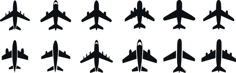A set of various airplane silhouettes, perfect for use in graphic design, website icons, or presentations.