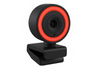 Black webcam with glowing red led ring, ready for video conferencing and streaming, isolated on transparent background