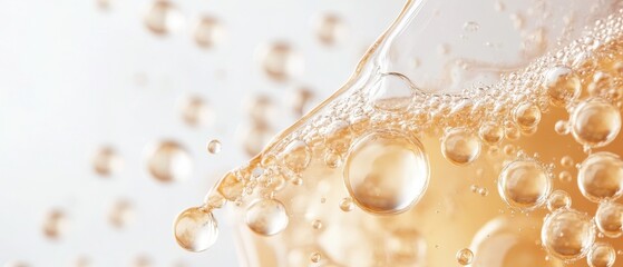 Close view craft liquid. Light drink bubbles flow. Fizzy beverages detail. Golden drinks movement. Refreshing liquid texture.