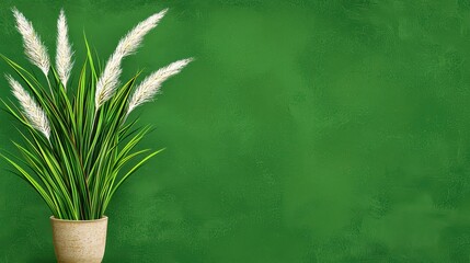 White Pampas Grass in Beige Pot Against Green Textured Background