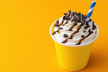 Whipped Cream Chocolate Dessert in Yellow Paper Cup with Blue Striped Straw