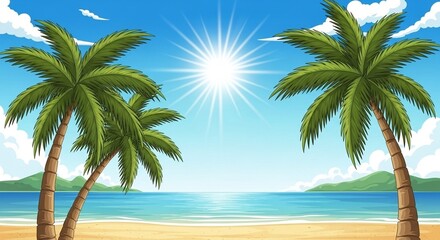 Obraz premium Tropical Beach Scene with Palm Trees, Clear Blue Ocean, and Bright Sunny Sky