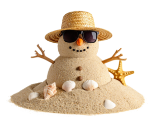 Snowman Made from Sand with Seashell Eyes, Beach Theme, Isolated on Transparent Background