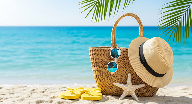 Beach scene with straw bag sunglasses hat starfish and flip-flops
