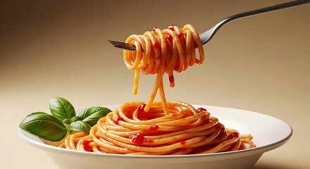 spaghetti pasta with tomato sauce in a plate, fork and basil, Italian food