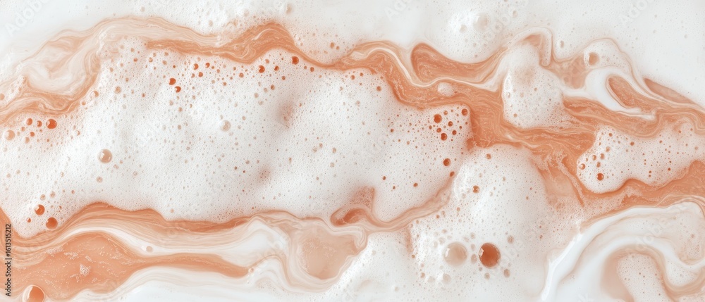 Poster white bubbles float over orange liquid. wave texture. foam flows across surface. abstract close view