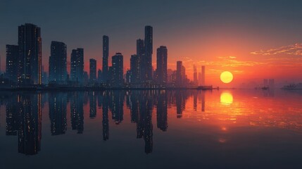 Fototapeta premium A cityscape silhouettes against an orange sky at dusk, reflecting in calm water with a setting sun