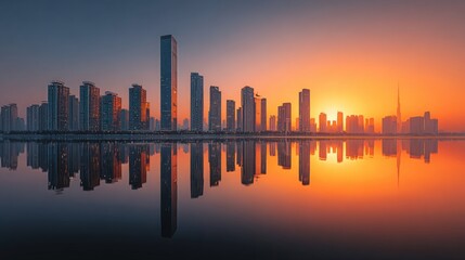 Obraz premium Urban skyline silhouettes against a vibrant sunset reflected in calm water, creating a serene atmosphere