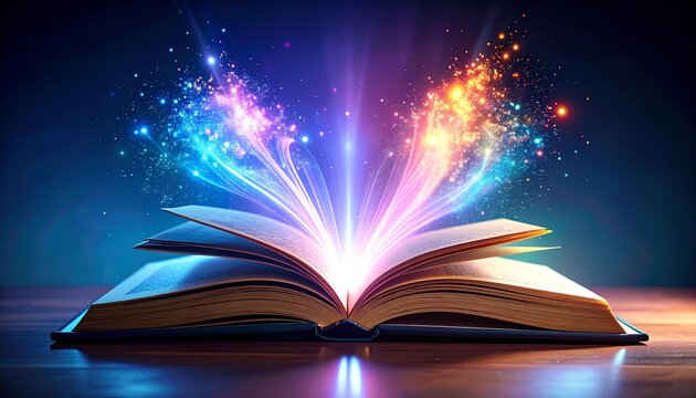 fantasy illustration of an open magical book with magical light energy. - Powered by Adobe