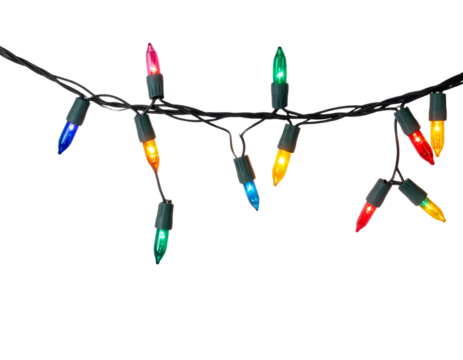  String of Multicolor Christmas Lights in Gentle Curve, Front View, Isolated on Transparent Background