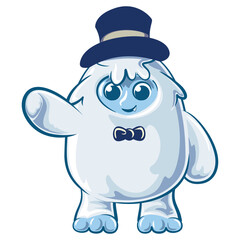 cute yeti greet with a wave while wearing a formal hat and bow tie, cartoon snow monster wearing a hat vector illustration, work of hand drawn