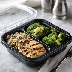 Plastic meal prep container holding grilled chicken breast, quinoa, broccoli, supporting nutritional goals for active individuals