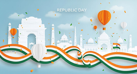 Vibrant paper cut style illustration for India's Republic Day, featuring the iconic India Gate and a traditional Indian cityscape