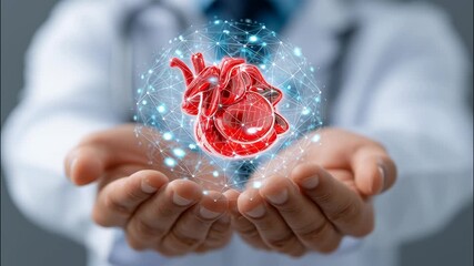 Doctor holding a digital anatomical human heart with futuristic protection, concept of innovative medical treatment video 4k - Powered by Adobe