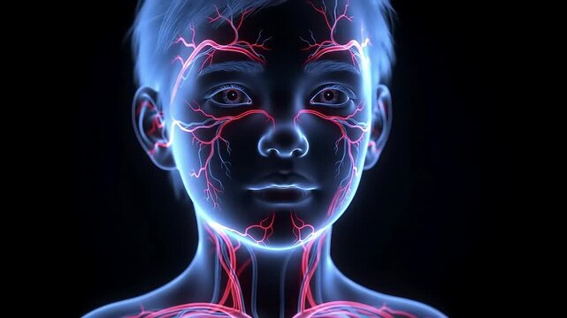 Human Face Blood Vessels Glowing in the Dark Anatomy Animation